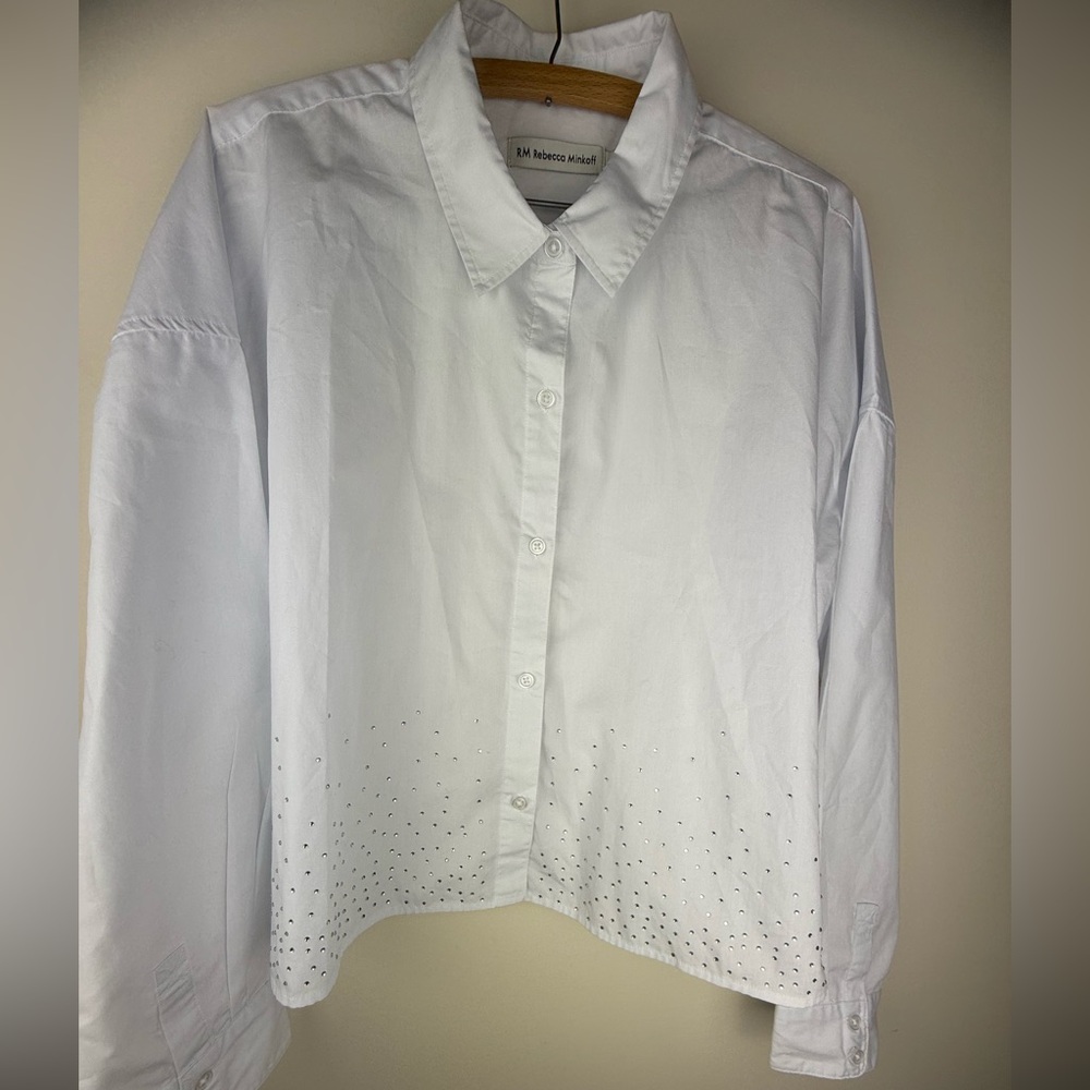 Rebecca Minkoff White Cropped Cotton Blend Shirt with Rhinestone Detail